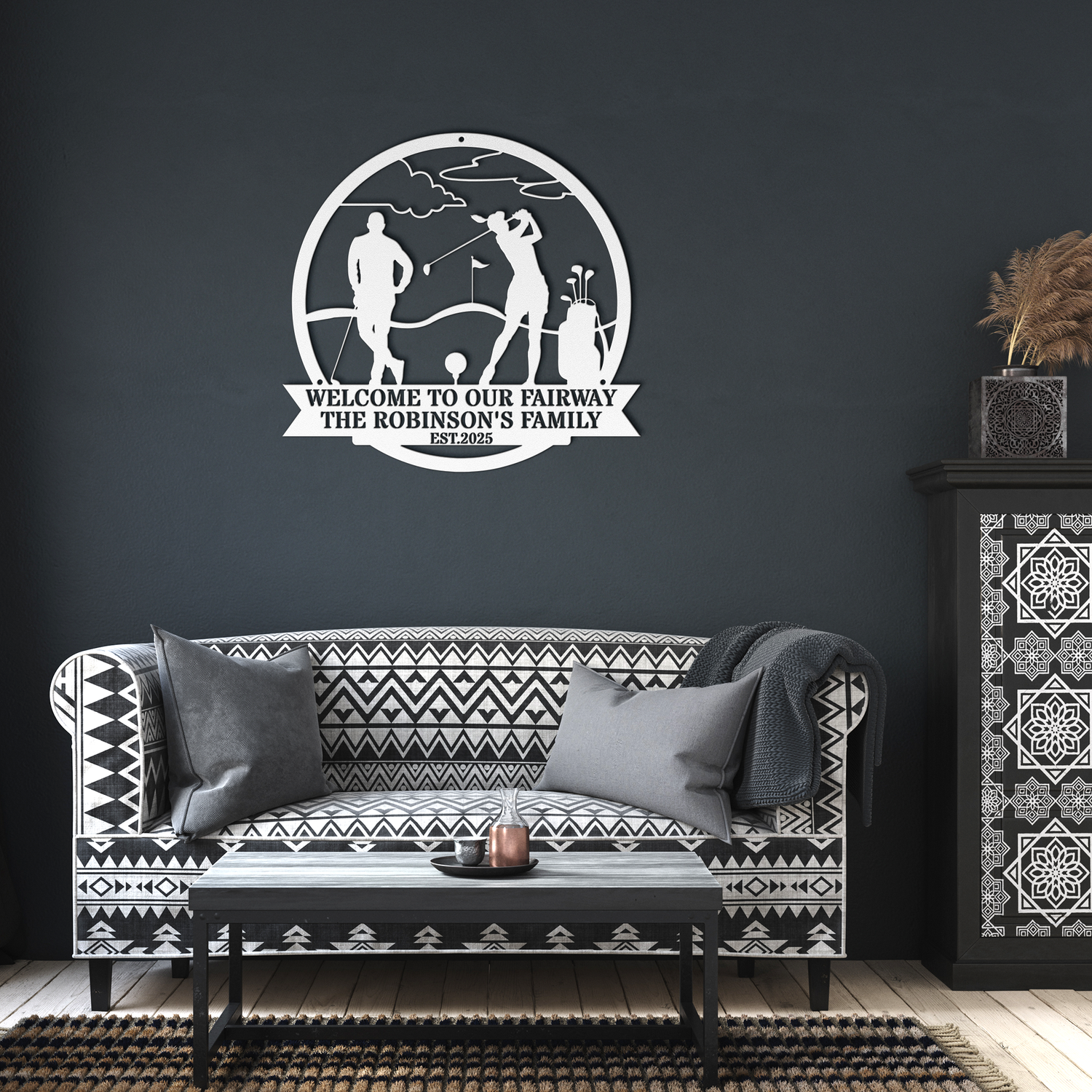 welcome_to_our_fairway-customised_metal__White_Dark_Living_Room_Mockup.png