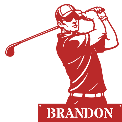 Personalised Golfer Metal Wall Art – Custom Golf Name Sign Red