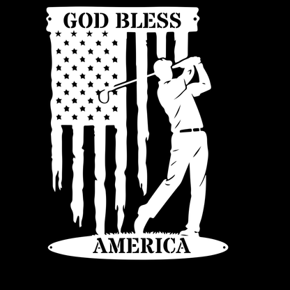 God Bless America Golf Metal Wall Sign – Patriotic Golf Art White