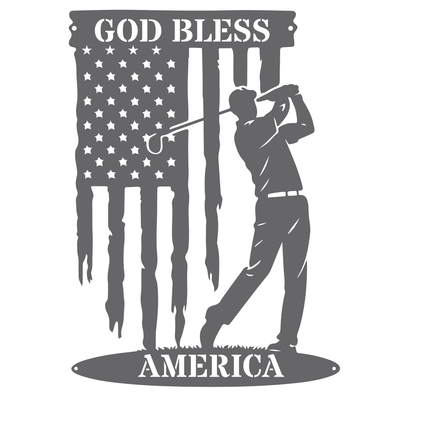 God Bless America Golf Metal Wall Sign – Patriotic Golf Art Silver