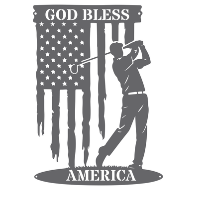 God Bless America Golf Metal Wall Sign – Patriotic Golf Art Silver