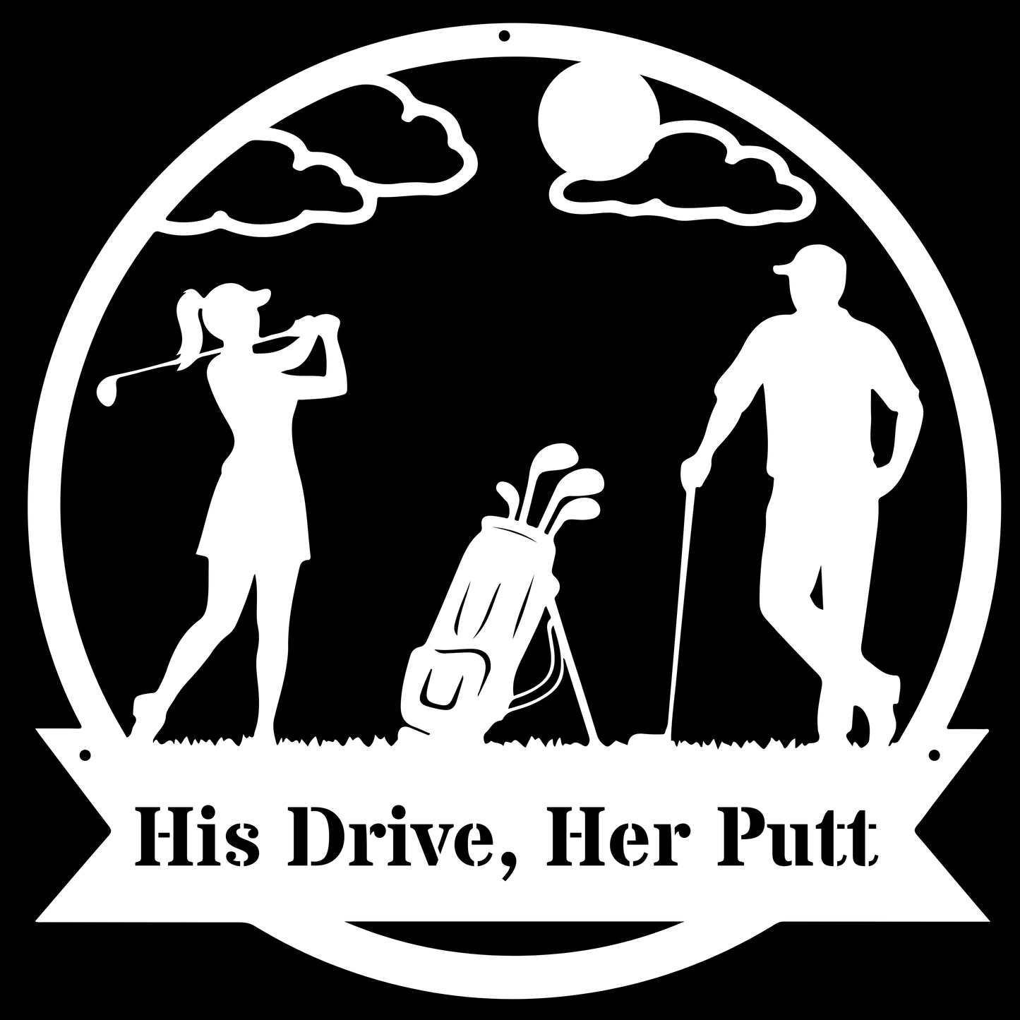 His Drive, Her Putt Metal Wall Sign – Golf Couple Decor White