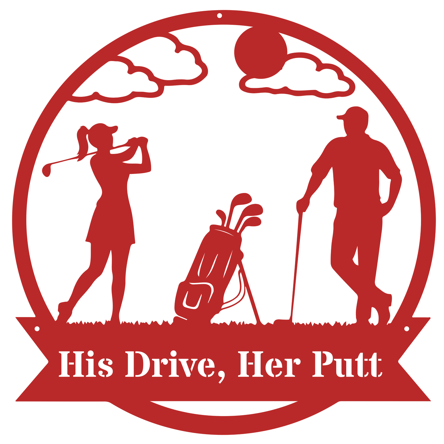 His Drive, Her Putt Metal Wall Sign – Golf Couple Decor Red