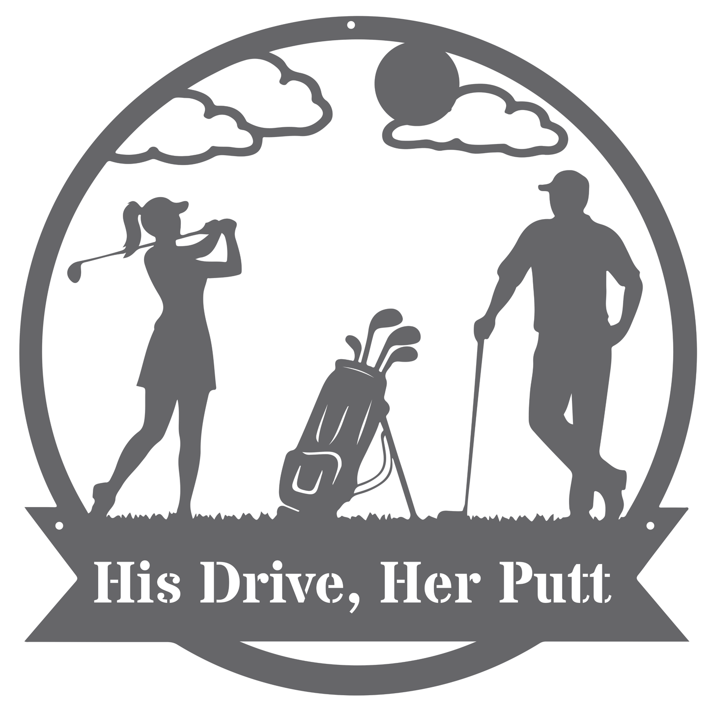His Drive, Her Putt Metal Wall Sign – Golf Couple Decor Silver