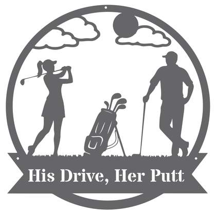 His Drive, Her Putt Metal Wall Sign – Golf Couple Decor Silver