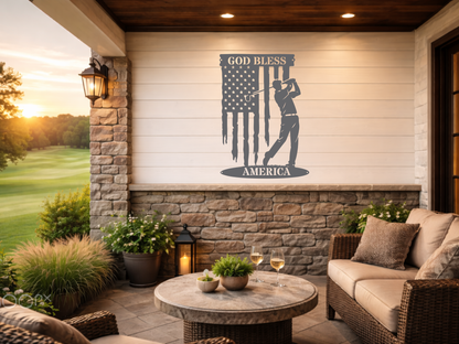 God Bless America Golf Metal Wall Sign – Patriotic Golf Art