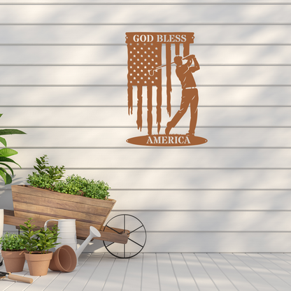God Bless America Golf Metal Wall Sign – Patriotic Golf Art