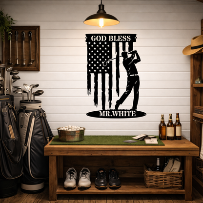 God Bless America Golf Metal Wall Sign – Patriotic Golf Art
