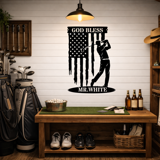 God Bless America Golf Metal Wall Sign – Patriotic Golf Art