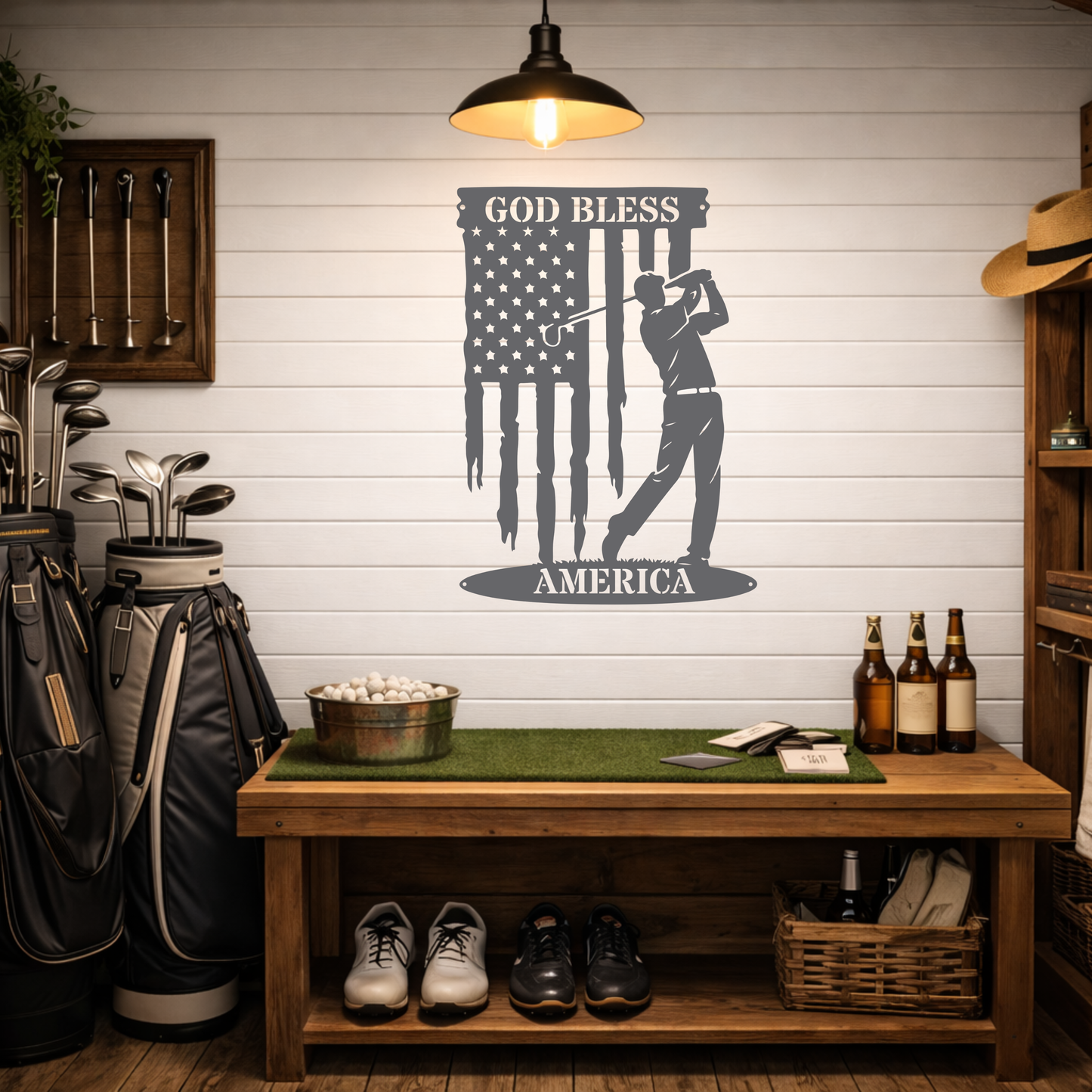 God Bless America Golf Metal Wall Sign – Patriotic Golf Art