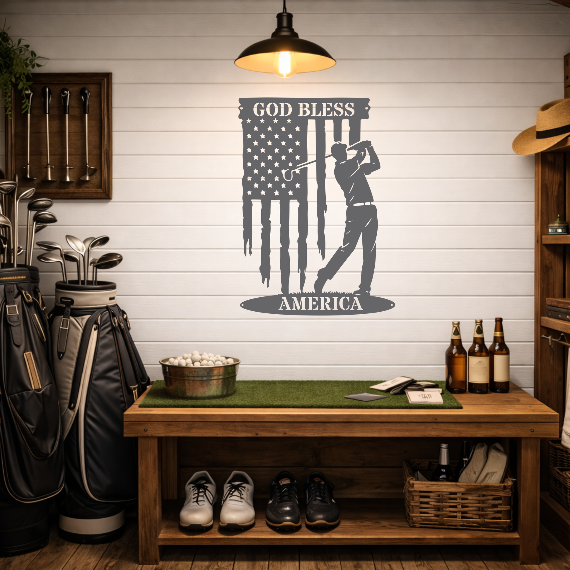 God Bless America Golf Metal Wall Sign – Patriotic Golf Art