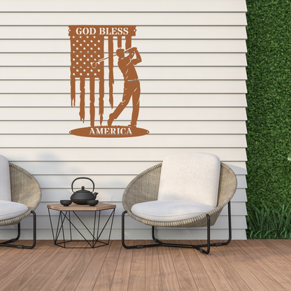 God Bless America Golf Metal Wall Sign – Patriotic Golf Art