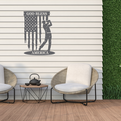 God Bless America Golf Metal Wall Sign – Patriotic Golf Art