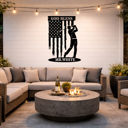 God Bless America Golf Metal Wall Sign – Patriotic Golf Art