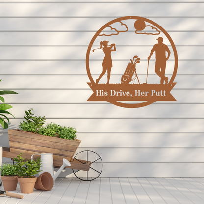 His Drive, Her Putt Metal Wall Sign – Golf Couple Decor