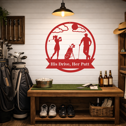 His Drive, Her Putt Metal Wall Sign – Golf Couple Decor