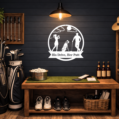 His Drive, Her Putt Metal Wall Sign – Golf Couple Decor